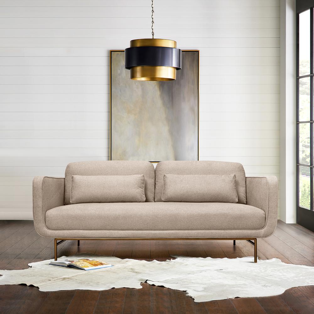 Lilou 77" Beige Fabric Sofa with Antique Brass Metal Legs. Picture 9