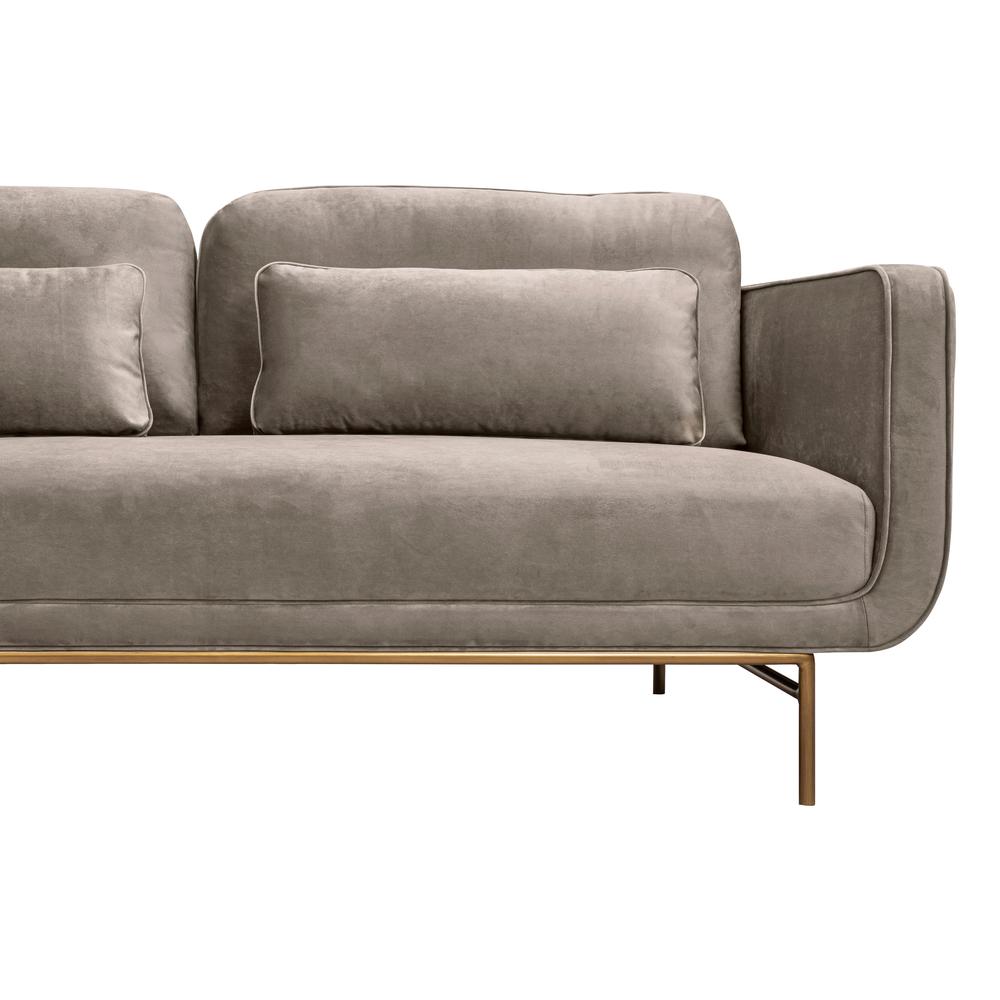 Lilou 77" Fossil Gray Velvet Sofa with Antique Brass Metal Legs. Picture 5