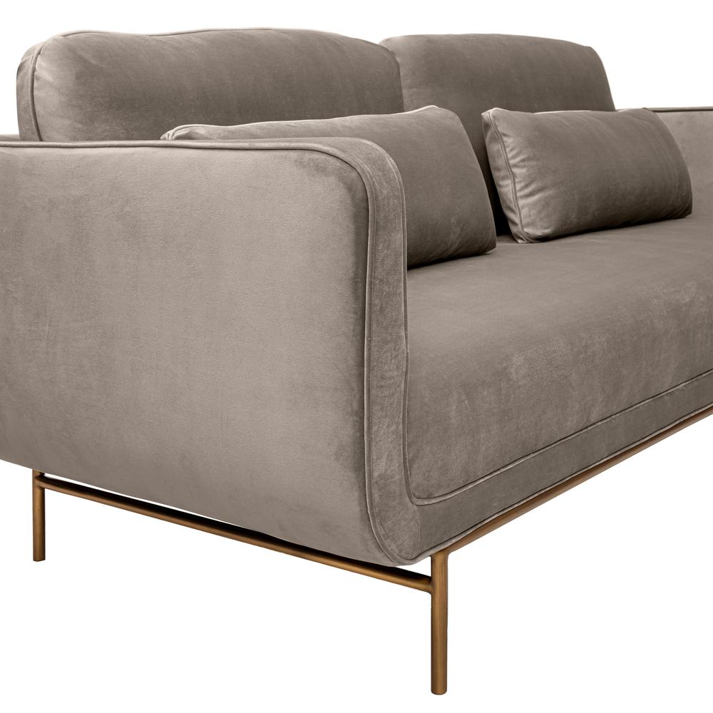 Lilou 77" Fossil Gray Velvet Sofa with Antique Brass Metal Legs. Picture 6