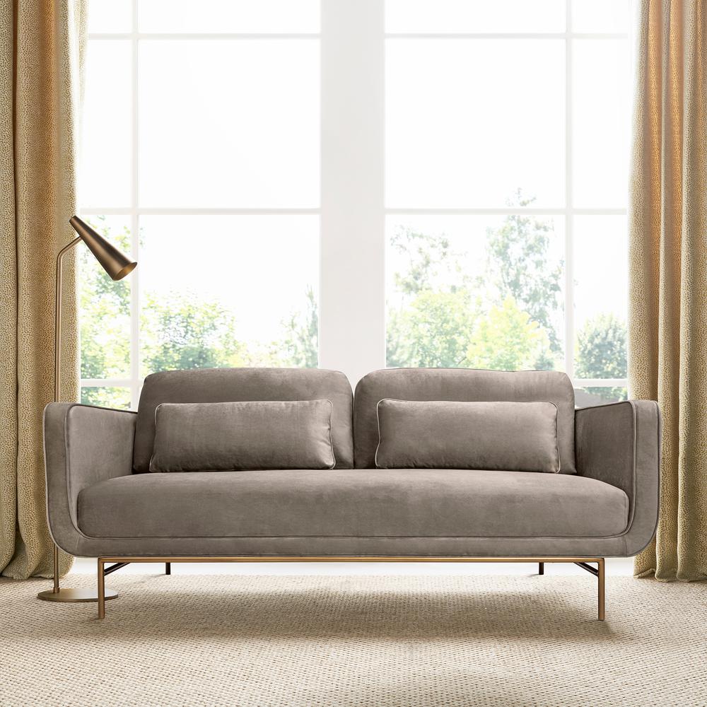 Lilou 77" Fossil Gray Velvet Sofa with Antique Brass Metal Legs. Picture 9