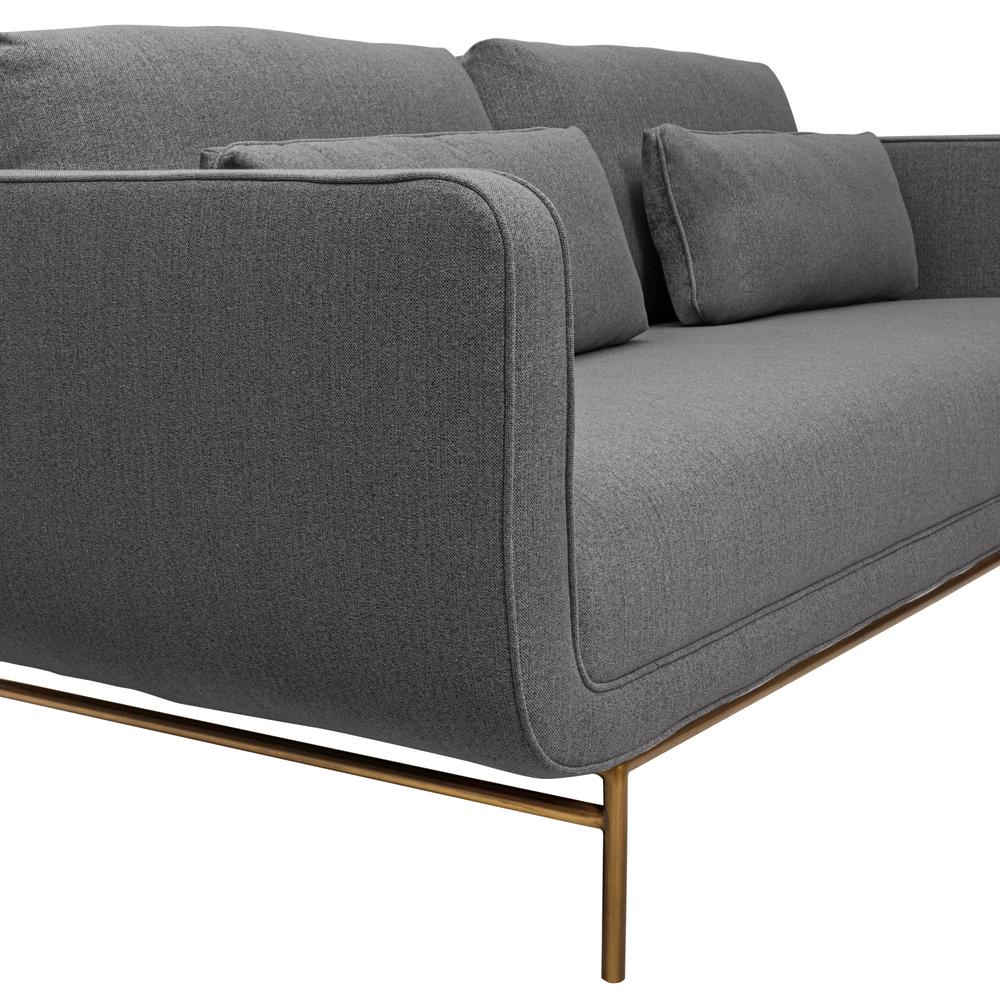 Lilou 77" Gray Fabric Sofa with Antique Brass Metal Legs. Picture 6