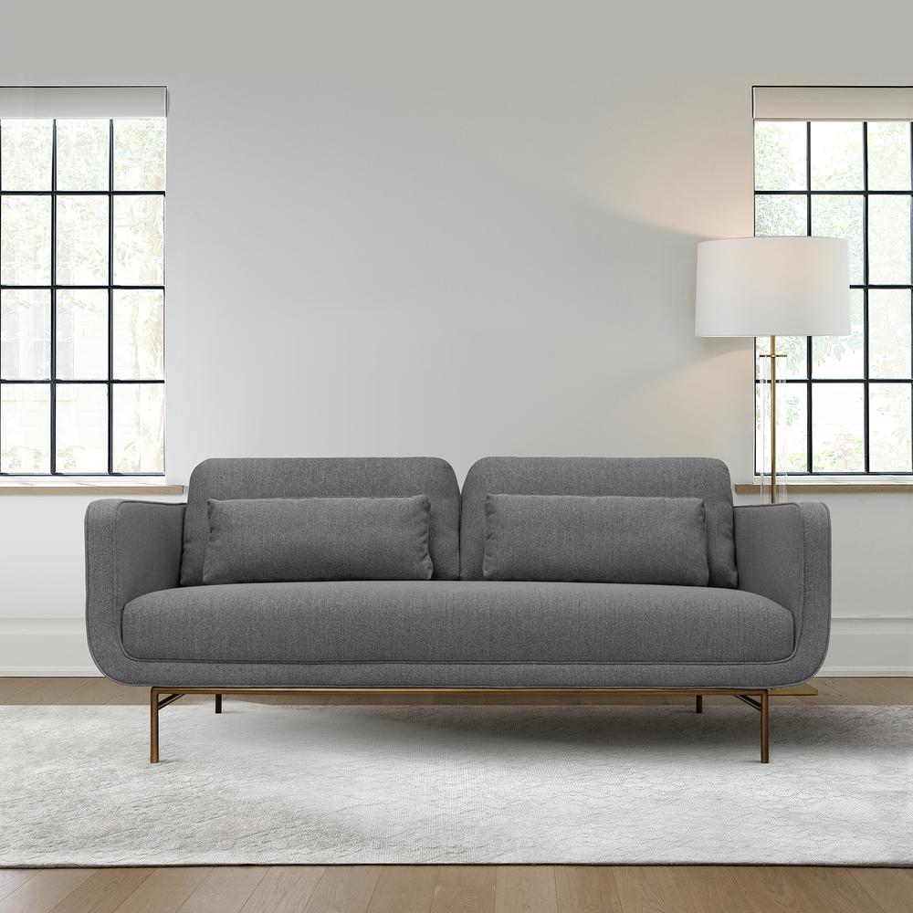 Lilou 77" Gray Fabric Sofa with Antique Brass Metal Legs. Picture 9