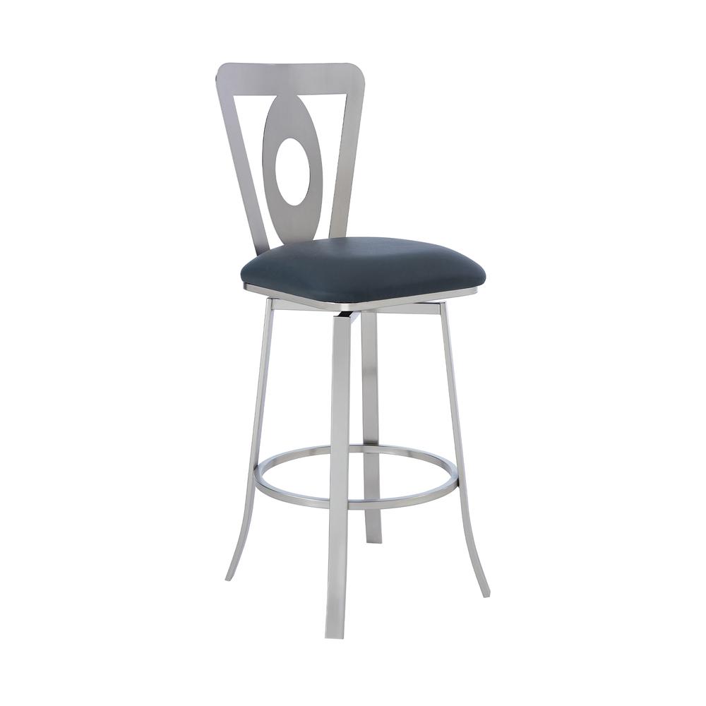 Contemporary 30" Bar Height Barstool - Brushed Stainless Steel Finish and Grey Faux Leather. Picture 1