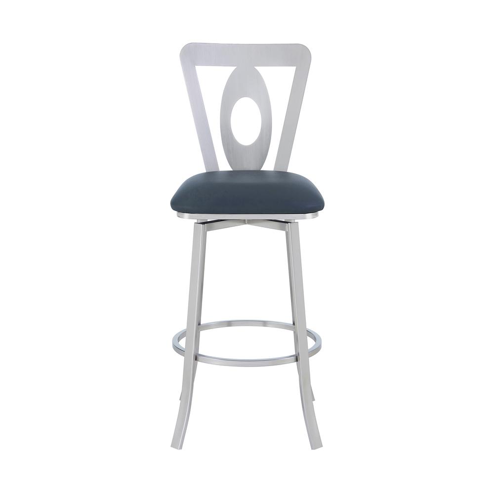 Lola Contemporary 30" Bar Height Barstool in Brushed Stainless Steel Finish and Grey Faux Leather. Picture 2