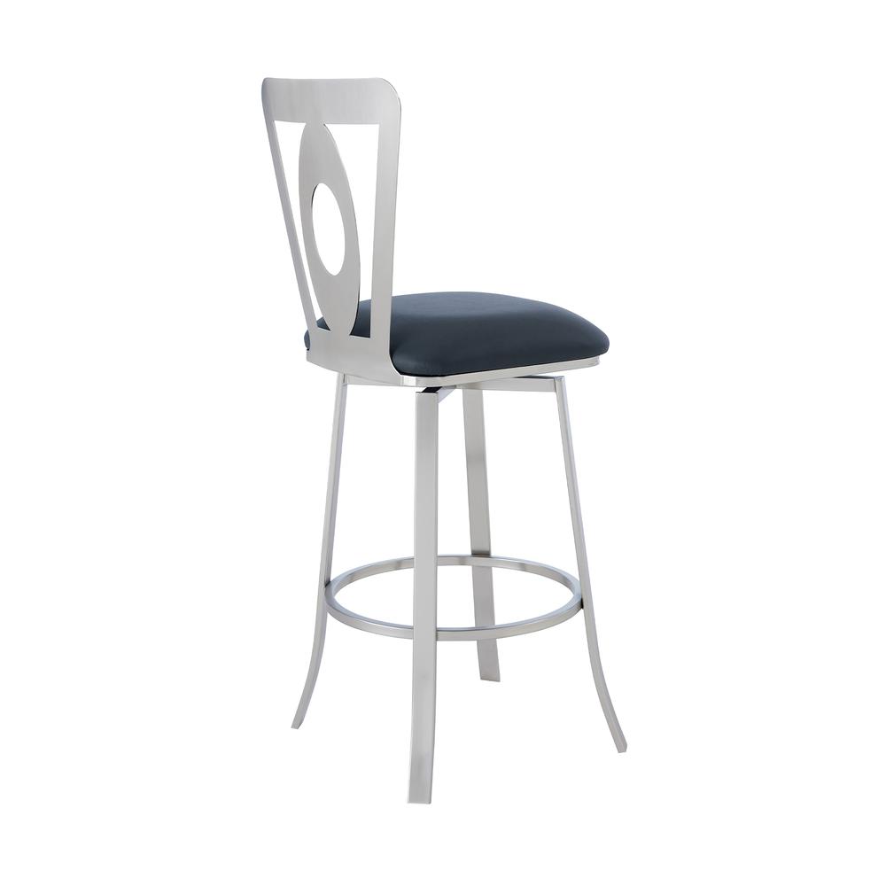Lola Contemporary 30" Bar Height Barstool in Brushed Stainless Steel Finish and Grey Faux Leather. Picture 3