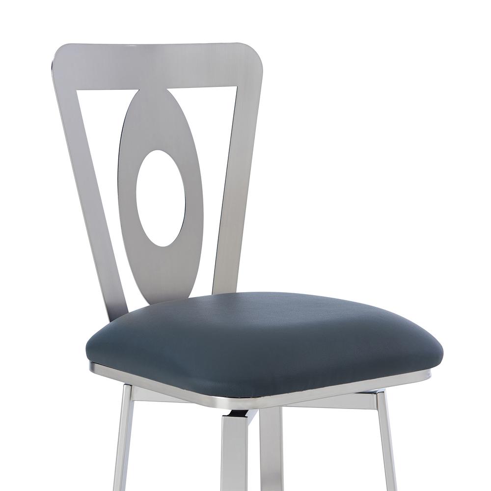 Lola Contemporary 30" Bar Height Barstool in Brushed Stainless Steel Finish and Grey Faux Leather. Picture 4