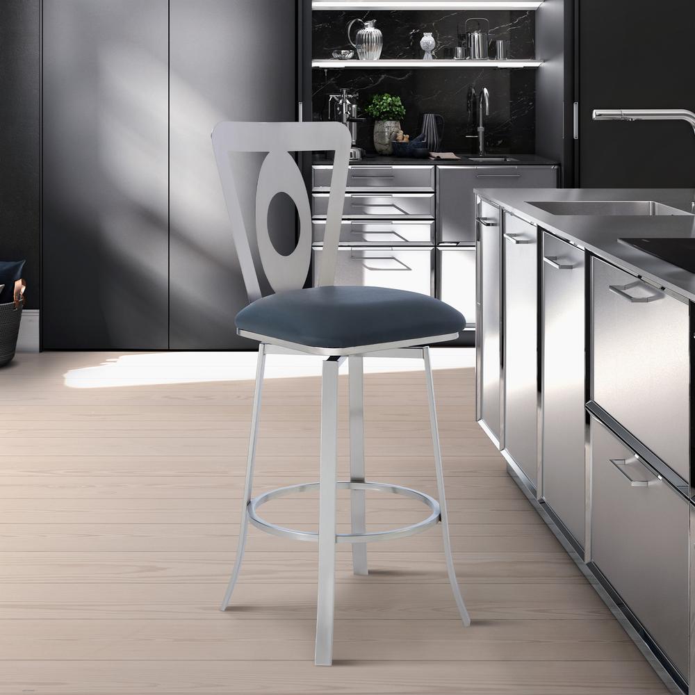 Contemporary 30" Bar Height Barstool - Brushed Stainless Steel Finish and Grey Faux Leather. Picture 7