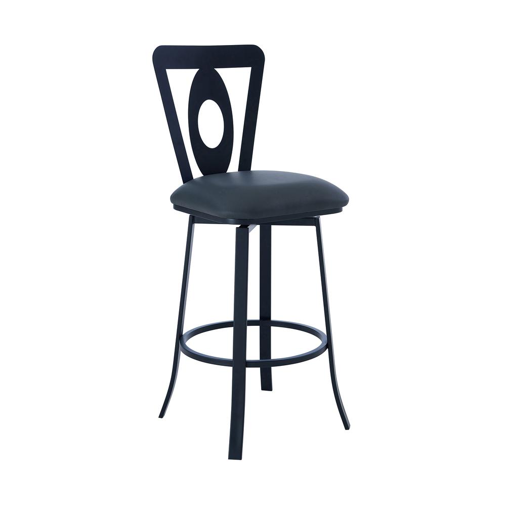 Contemporary 26" Counter Height Barstool - Matte Black Finish and Grey Faux Leather. Picture 1