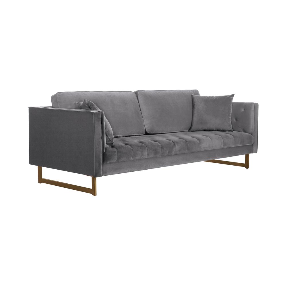 Lenox Grey Velvet Modern Sofa with Brass Legs, Natural Color. Picture 1