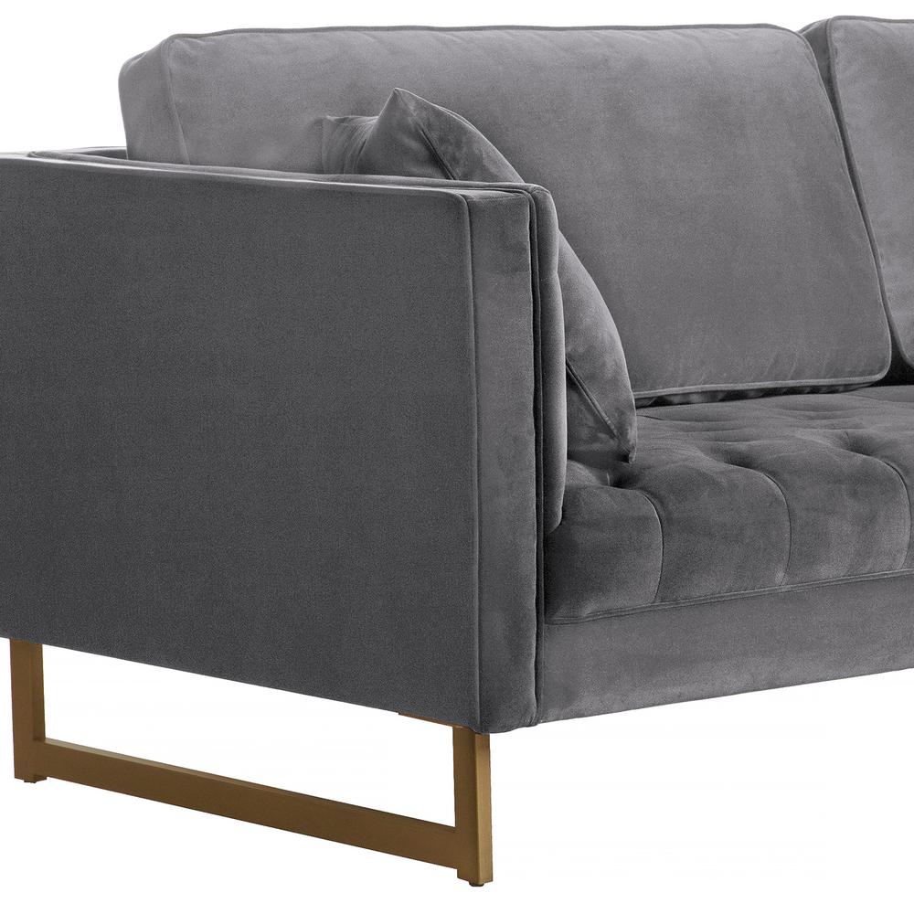 Lenox Grey Velvet Modern Sofa with Brass Legs, Natural Color. Picture 4