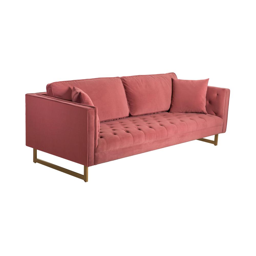 Lenox Pink Velvet Modern Sofa with Brass Legs, Natural Color. Picture 1