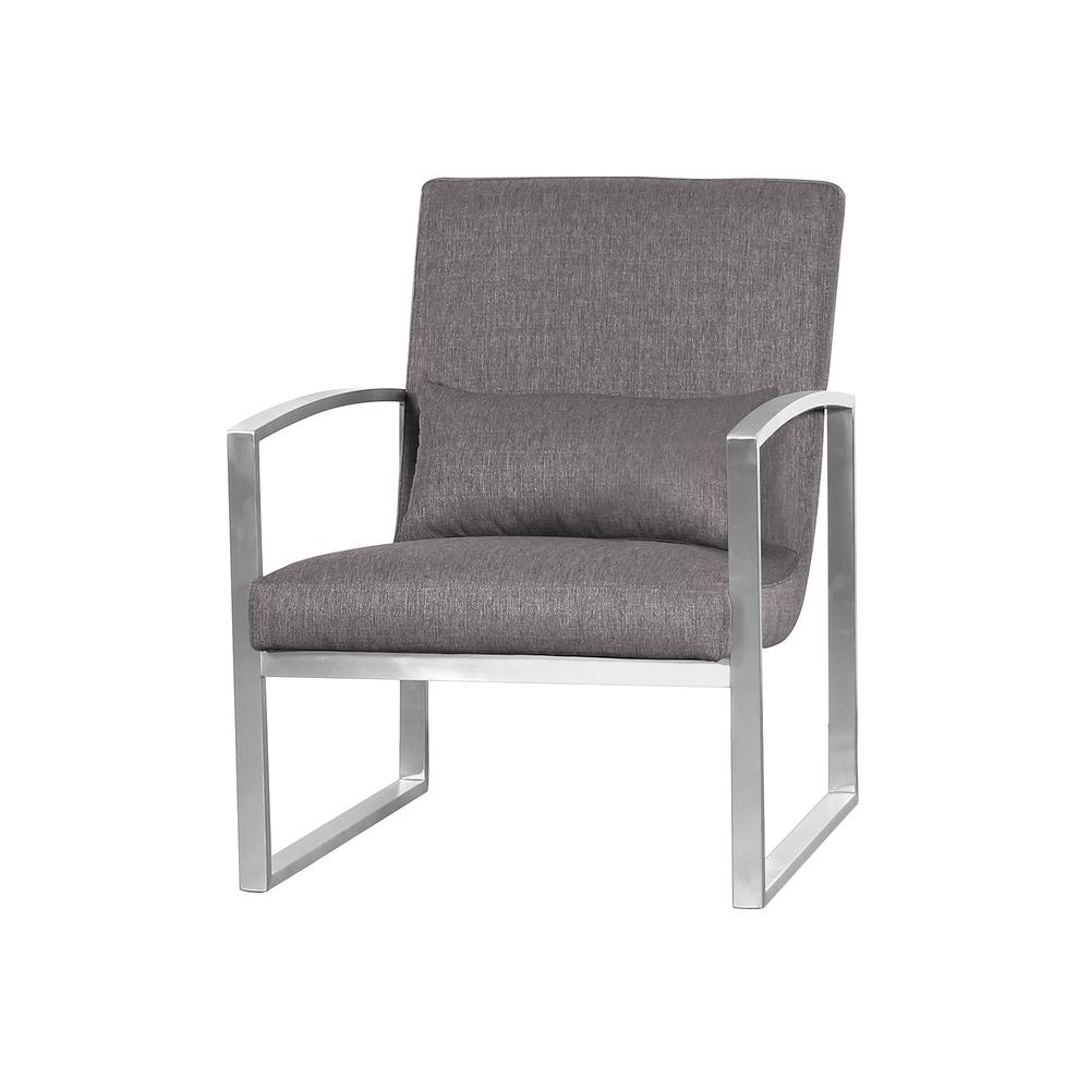 Armen Living Leonard Contemporary Accent Chair in Brushed Stainless Steel with Grey Fabric. Picture 1