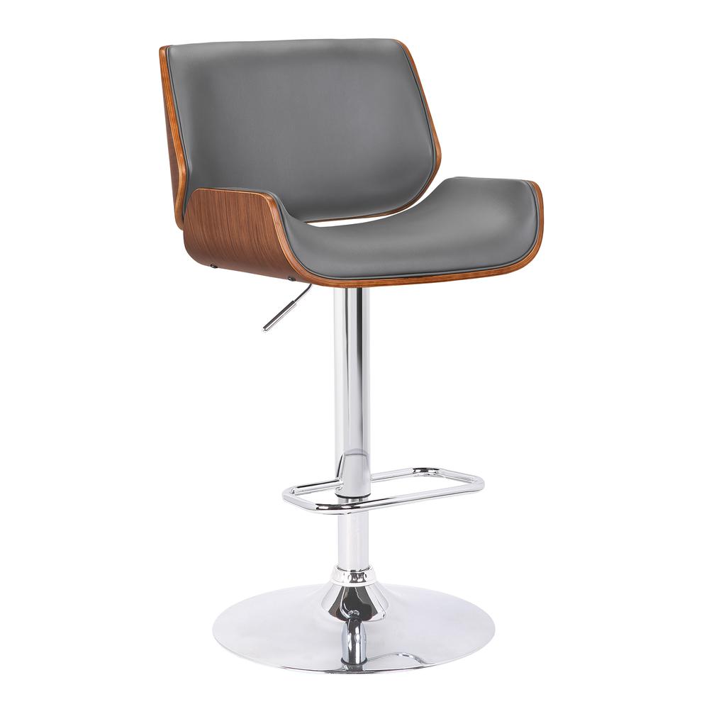 Armen Living London Contemporary Swivel Barstool in Grey Faux Leather with Chrome and Walnut Wood. Picture 1
