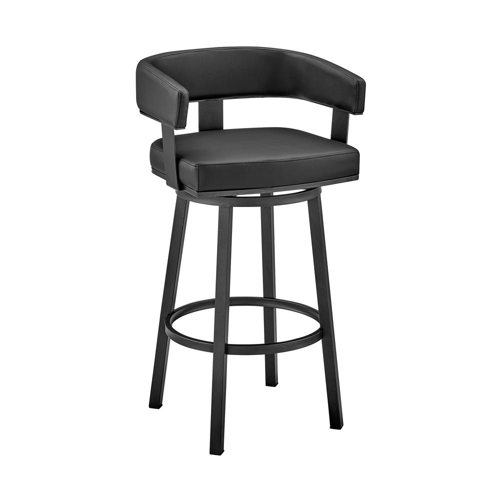Lorin 26" Counter Height Swivel Bar Stool in Black Finish and Black Faux Leather. Picture 1