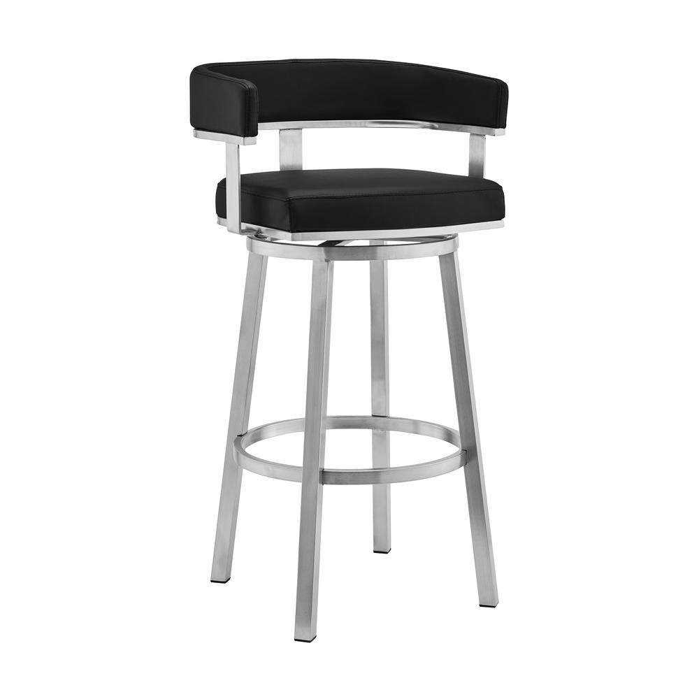 Lorin 30" Black Faux Leather and Brushed Stainless Steel Swivel Bar Stool. Picture 1