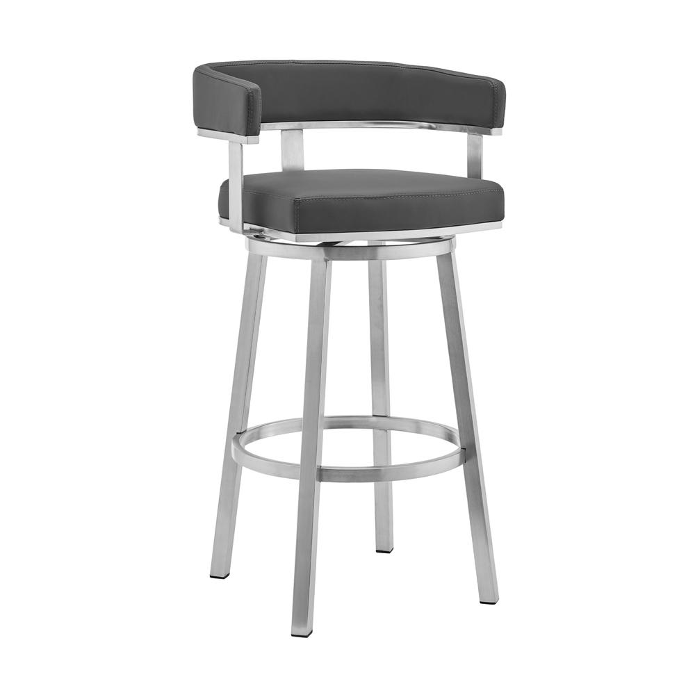 Lorin 26" Gray Faux Leather and Brushed Stainless Steel Swivel Bar Stool. Picture 1
