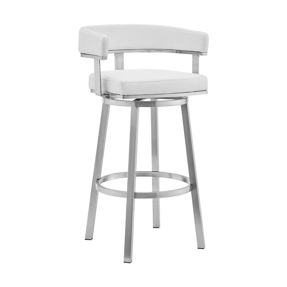 Lorin 26" White Faux Leather and Brushed Stainless Steel Swivel Bar Stool. Picture 1