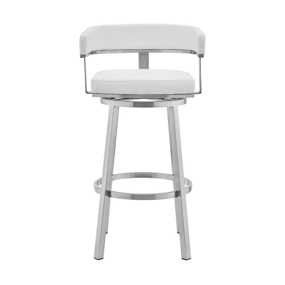 Lorin 26" White Faux Leather and Brushed Stainless Steel Swivel Bar Stool. Picture 2