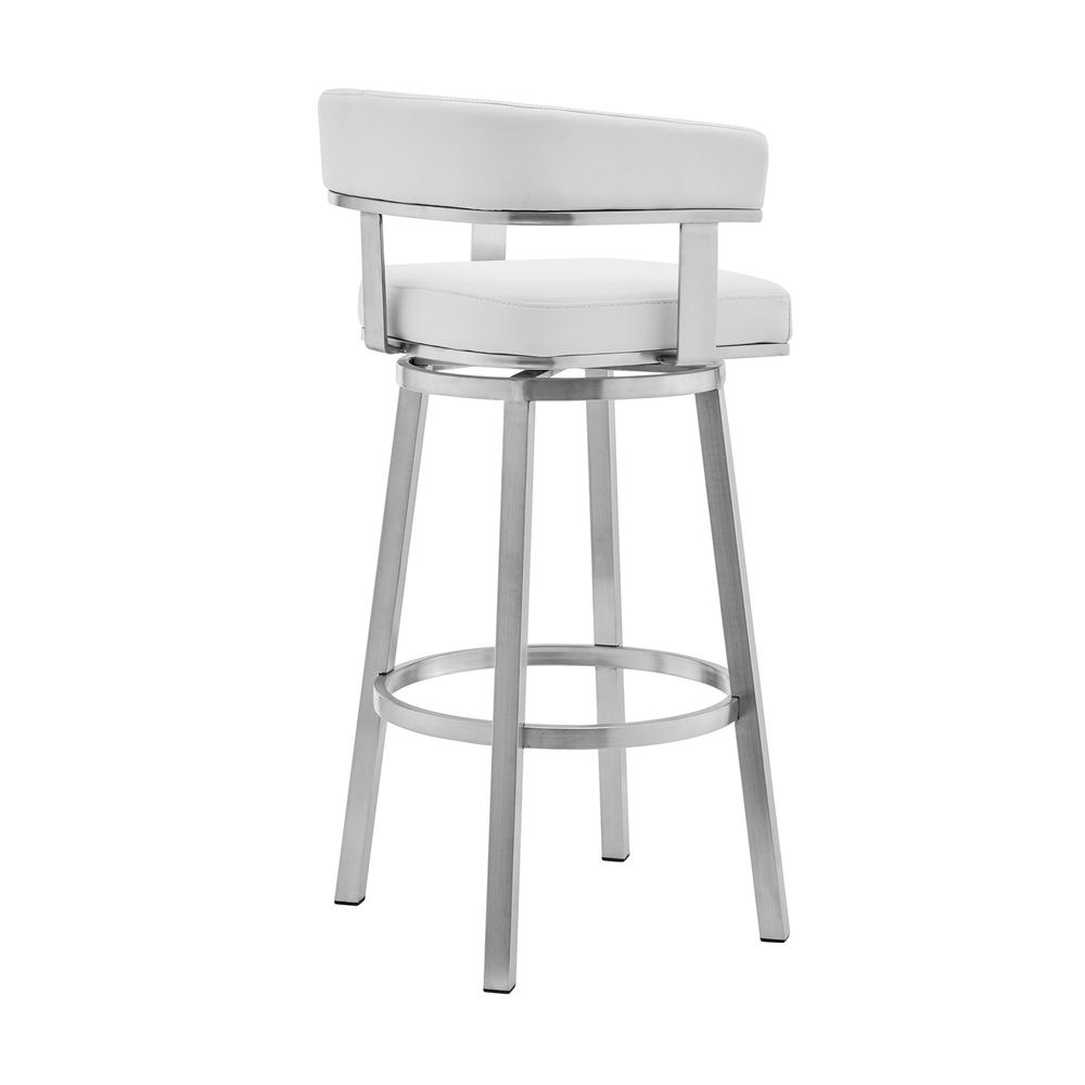 Lorin 26" White Faux Leather and Brushed Stainless Steel Swivel Bar Stool. Picture 3