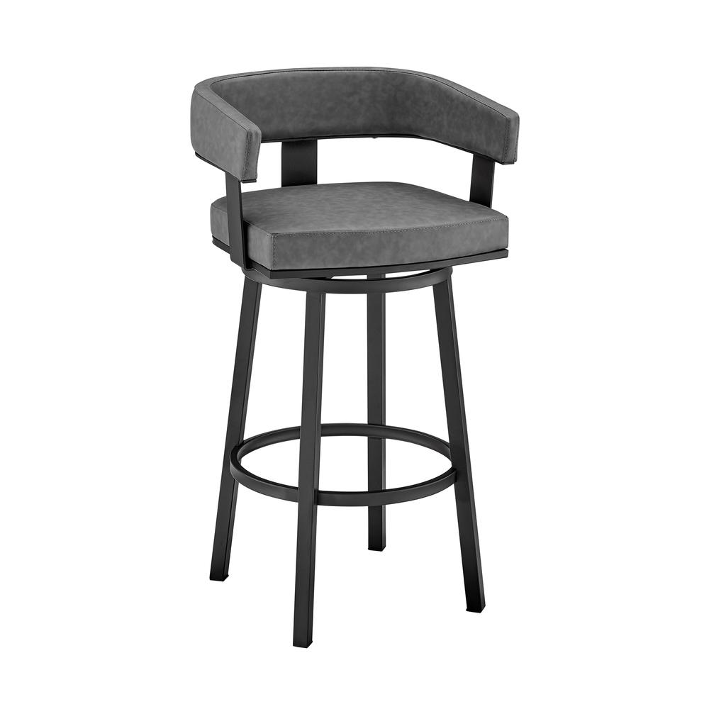Lorin 30" Bar Height Swivel Bar Stool in Black Finish and Gray Faux Leather. Picture 1