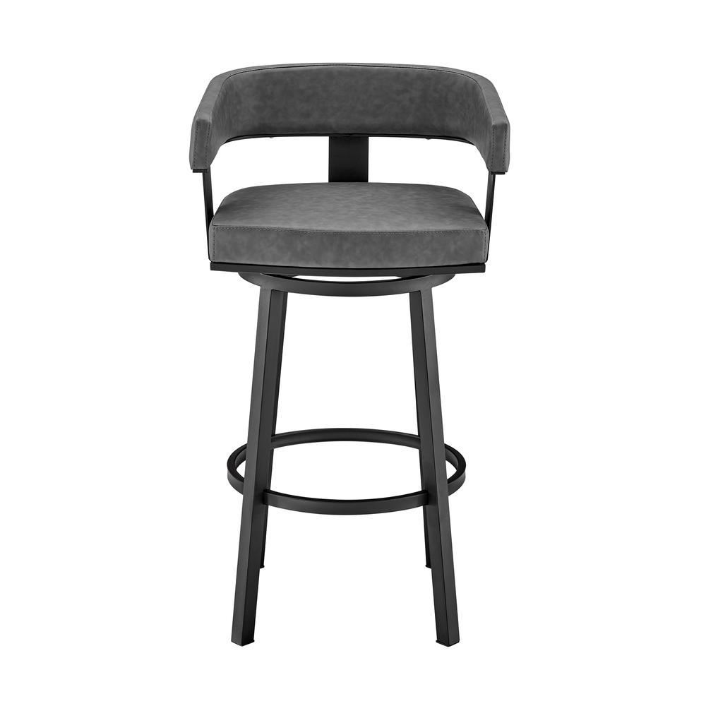 Lorin 30" Bar Height Swivel Bar Stool in Black Finish and Gray Faux Leather. Picture 2