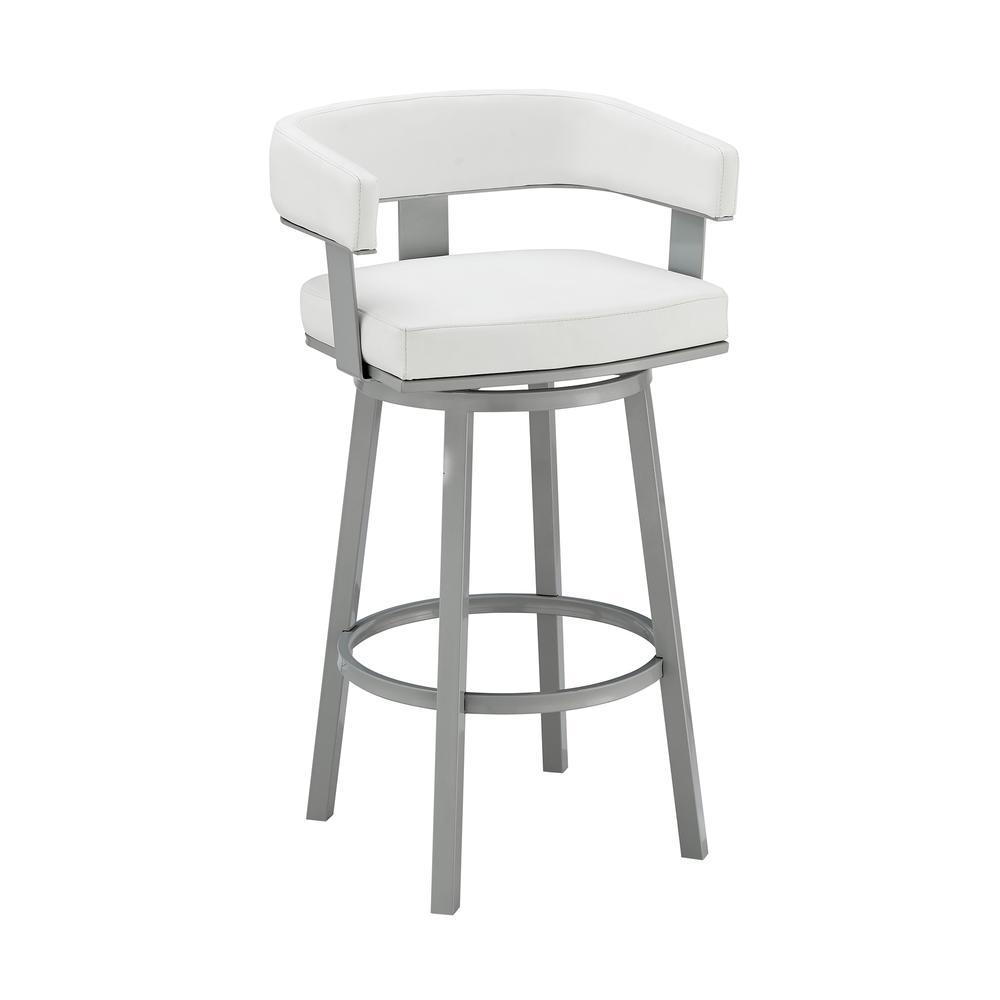 Lorin 26" Counter Height Swivel Bar Stool in Silver Finish with White Faux Leather. Picture 1