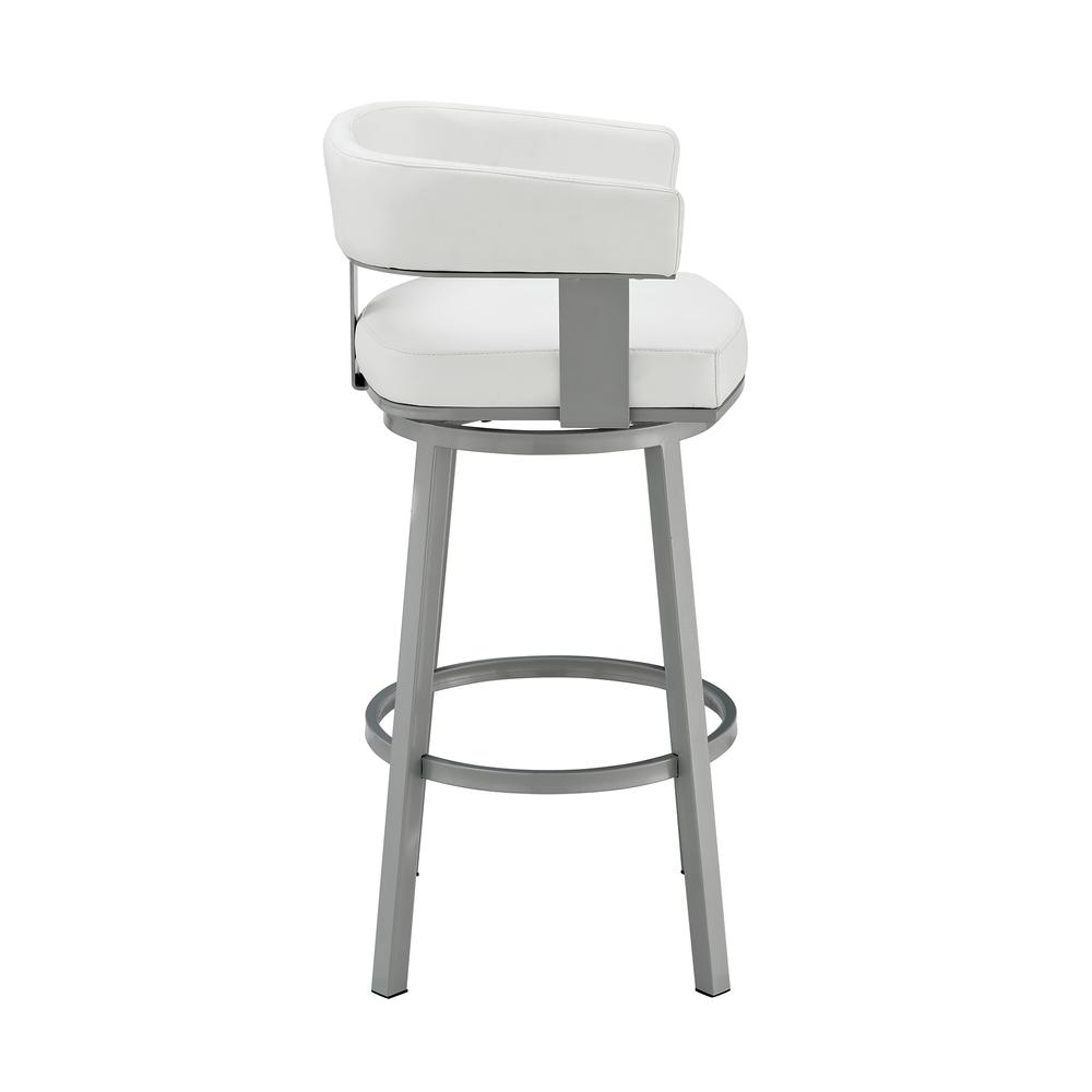 Lorin 26" Counter Height Swivel Bar Stool in Silver Finish with White Faux Leather. Picture 3