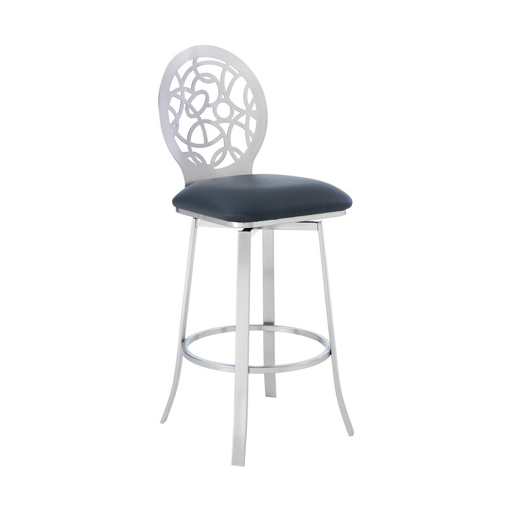 Lotus Contemporary 30" Bar Height Barstool in Brushed Stainless Steel Finish and Grey Faux Leather. Picture 1