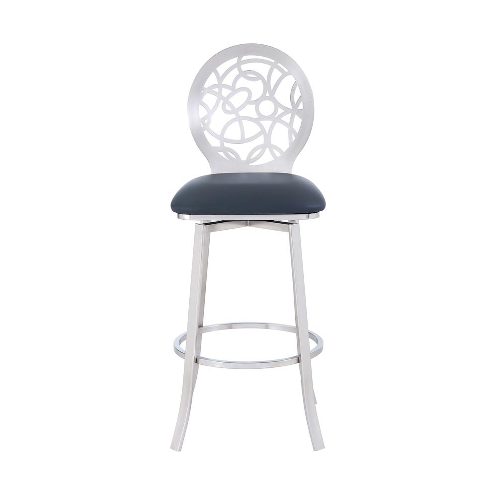 Lotus Contemporary 30" Bar Height Barstool in Brushed Stainless Steel Finish and Grey Faux Leather. Picture 2