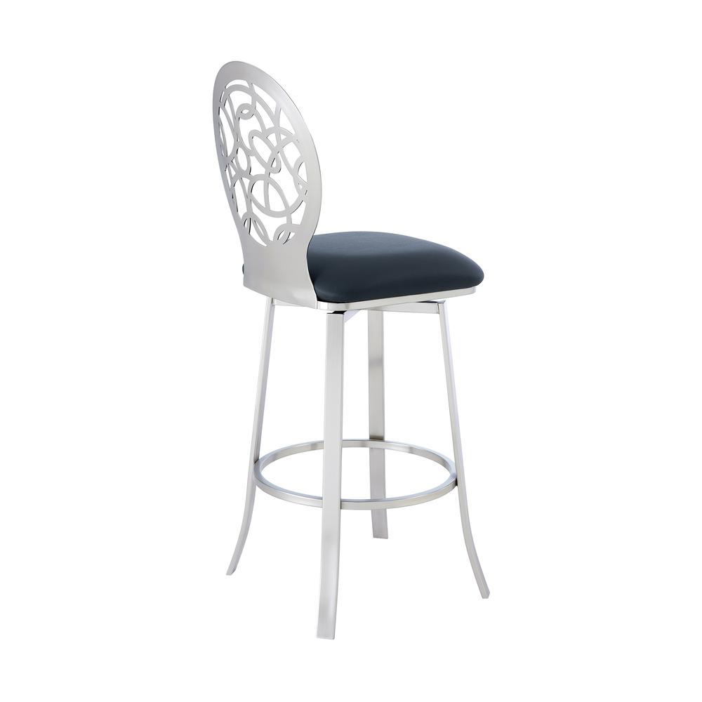 Lotus Contemporary 30" Bar Height Barstool in Brushed Stainless Steel Finish and Grey Faux Leather. Picture 3