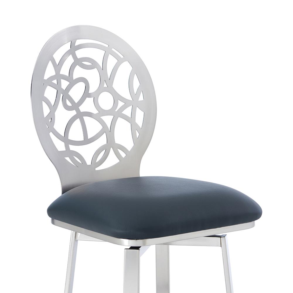 Lotus Contemporary 30" Bar Height Barstool in Brushed Stainless Steel Finish and Grey Faux Leather. Picture 4