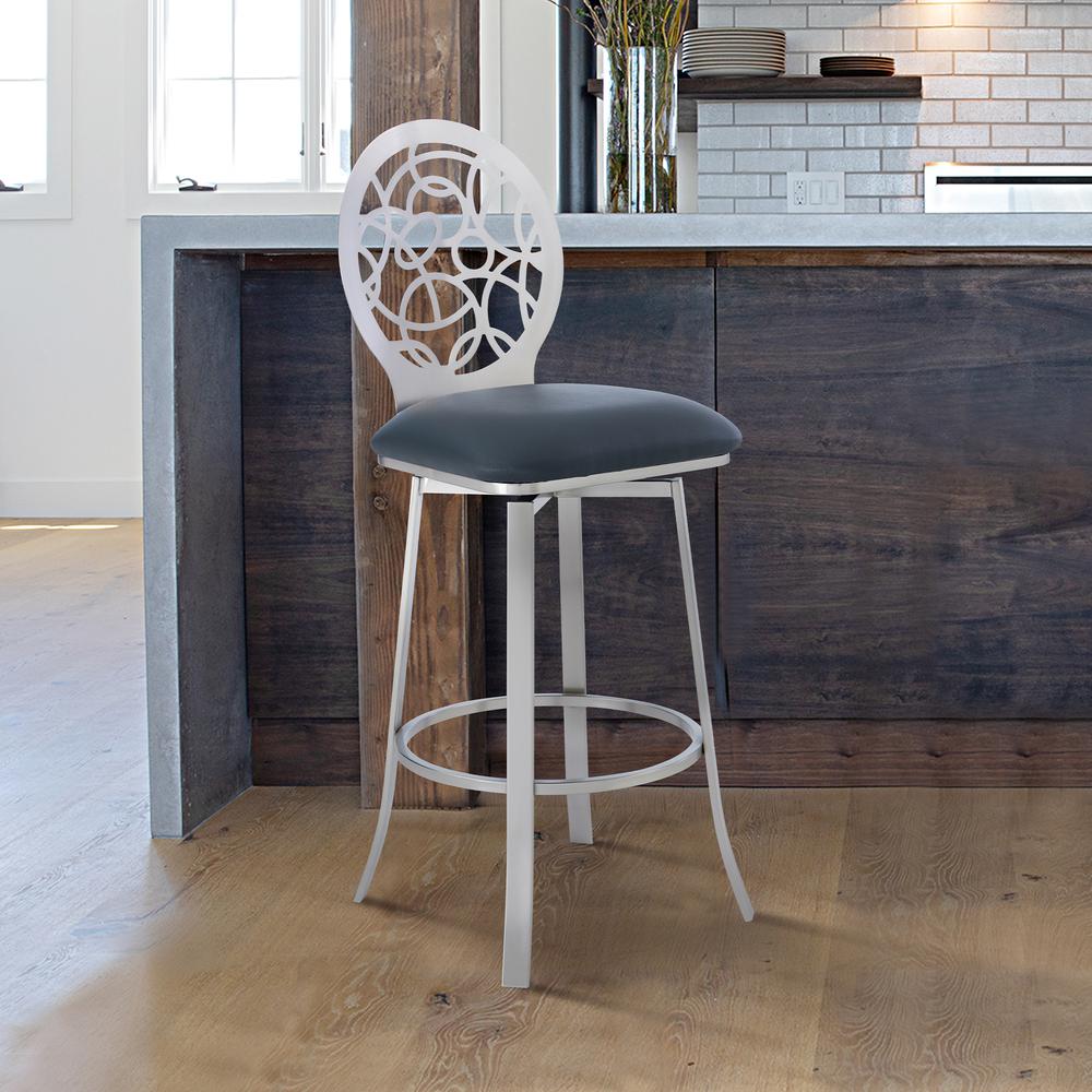 Contemporary 30" Bar Height Barstool, Brushed Stainless Steel Finish and Grey Faux Leather. Picture 7