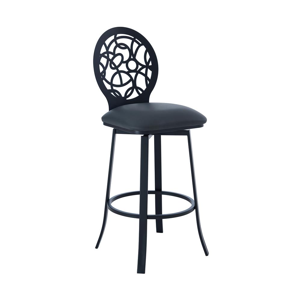Lotus Contemporary 30" Bar Height Barstool in Matte Black Finish and Grey Faux Leather. Picture 1