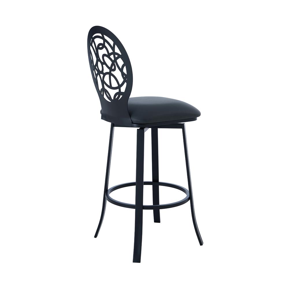 Lotus Contemporary 30" Bar Height Barstool in Matte Black Finish and Grey Faux Leather. Picture 3