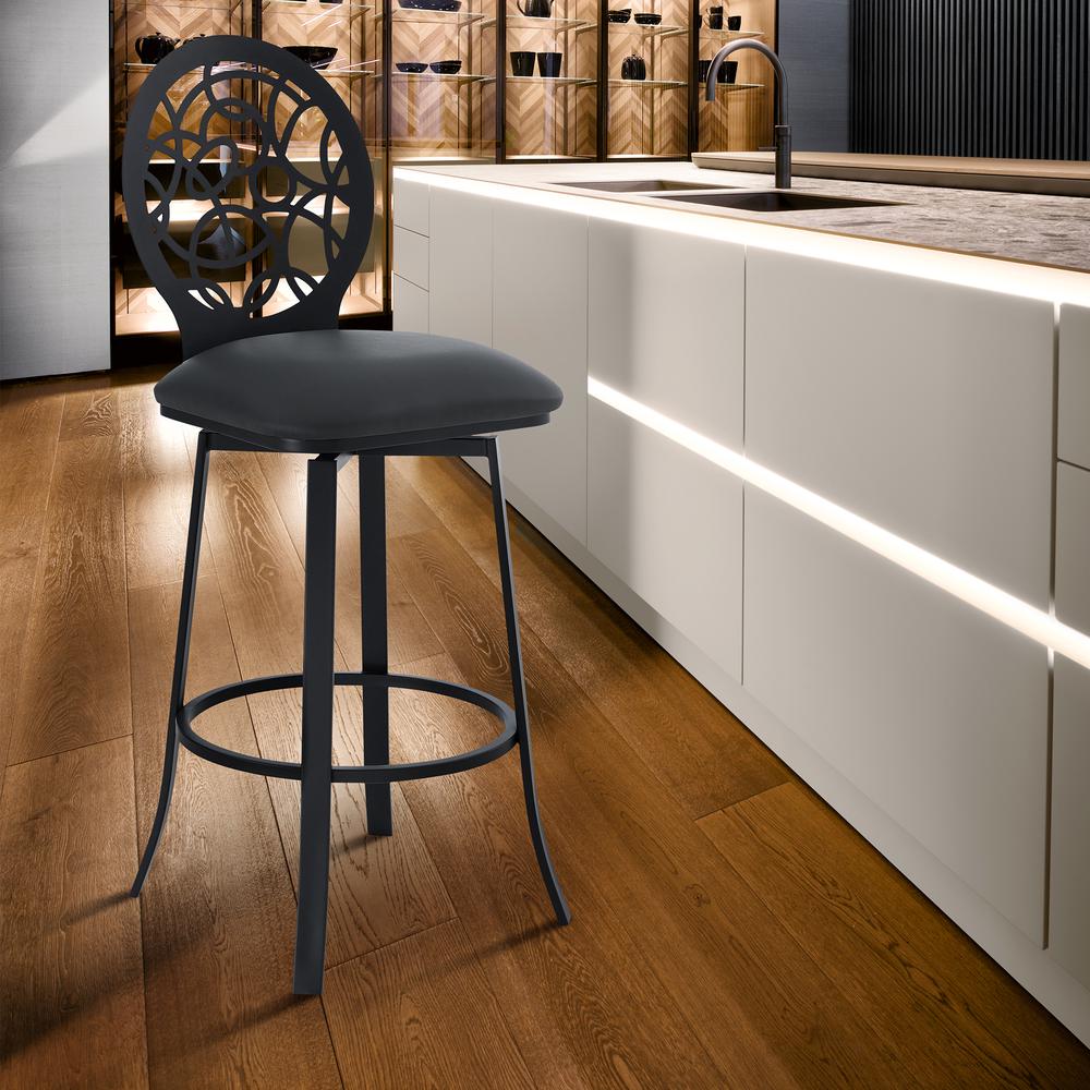Contemporary 30" Bar Height Barstool in Matte Black Finish and Grey Faux Leather. Picture 7