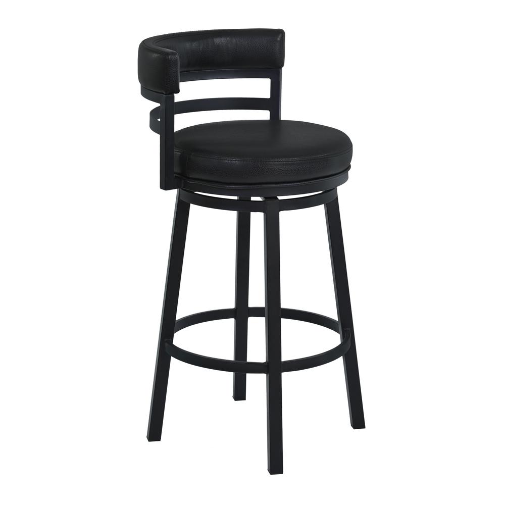 Madrid 30" Bar Height Metal Swivel Barstool in Ford Black Pu and Black Finish. Picture 1