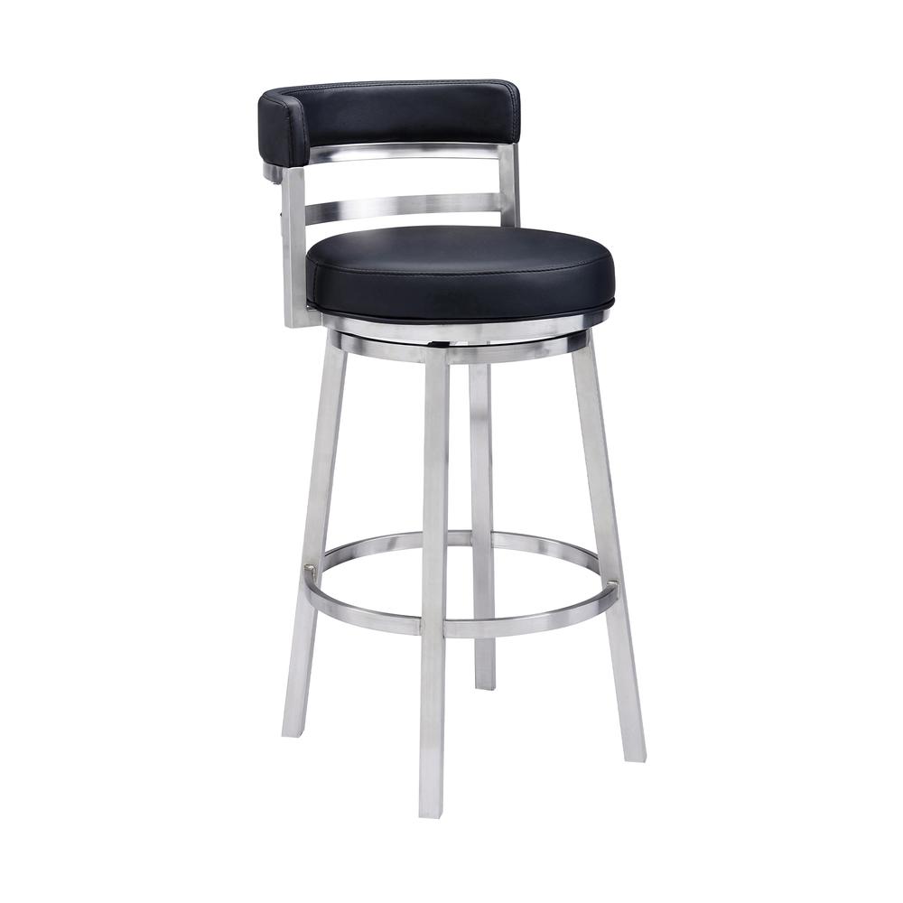 Madrid Contemporary 26" Counter Height Barstool in Brushed Stainless Steel Finish and Black Faux Leather. Picture 1