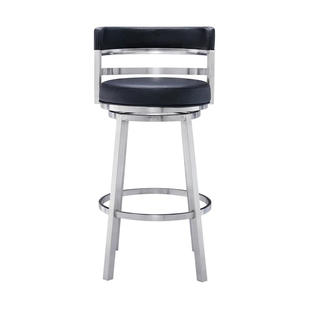Contemporary 26" Counter Height Barstool in Brushed Stainless Steel Finish Black Faux Leather. Picture 2