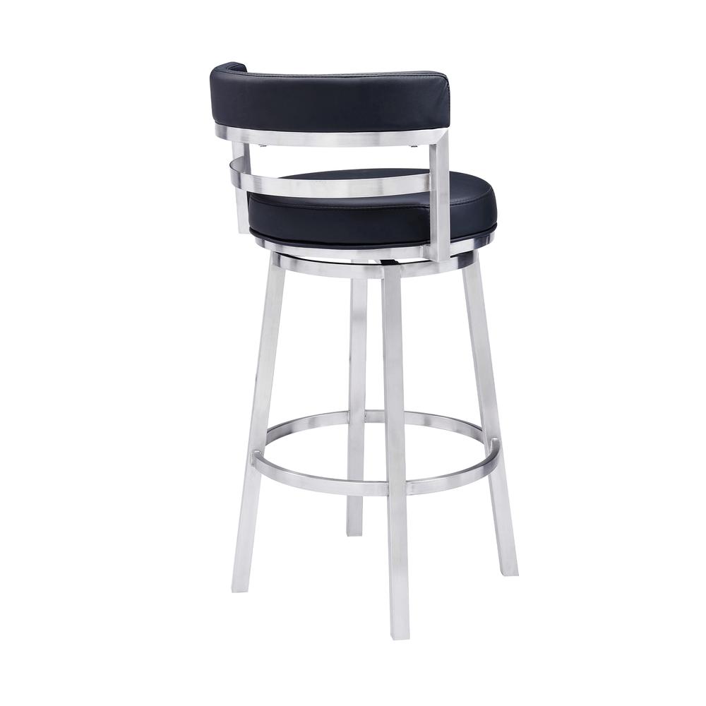 Contemporary 26" Counter Height Barstool in Brushed Stainless Steel Finish Black Faux Leather. Picture 3