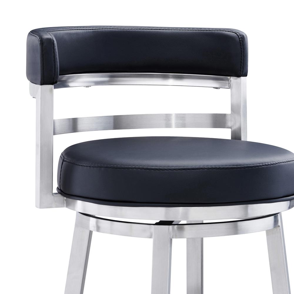 Madrid Contemporary 26" Counter Height Barstool in Brushed Stainless Steel Finish and Black Faux Leather. Picture 4