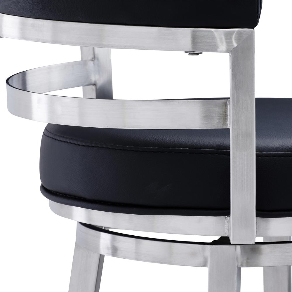 Contemporary 26" Counter Height Barstool in Brushed Stainless Steel Finish Black Faux Leather. Picture 5