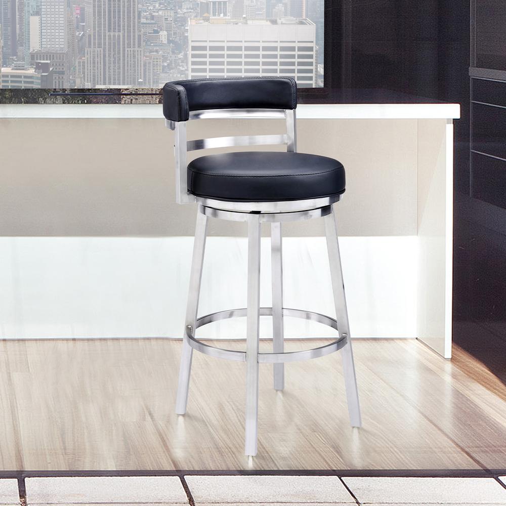 Contemporary 26" Counter Height Barstool in Brushed Stainless Steel Finish Black Faux Leather. Picture 7