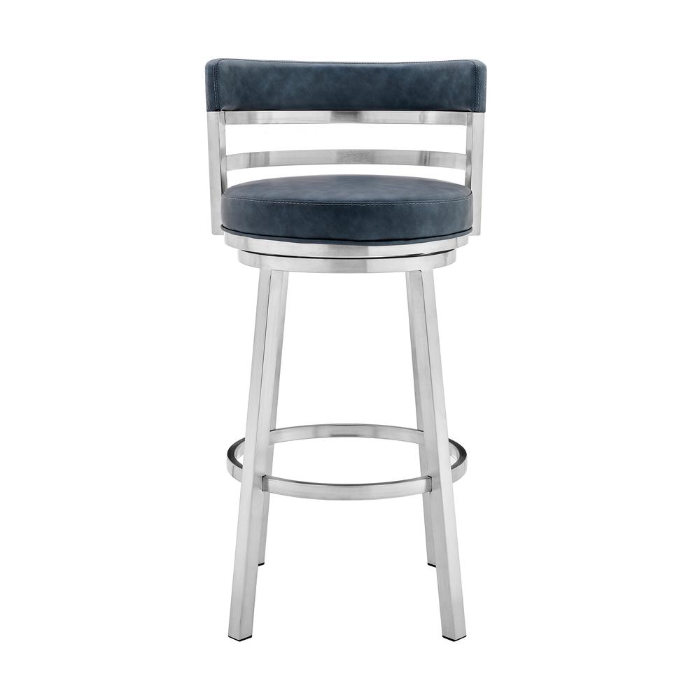 Madrid Contemporary 26" Counter Height Barstool in Brushed Stainless Steel Finish and Blue Faux Leather. Picture 1