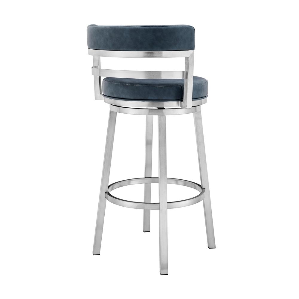 Madrid Contemporary 26" Counter Height Barstool in Brushed Stainless Steel Finish and Blue Faux Leather. Picture 2