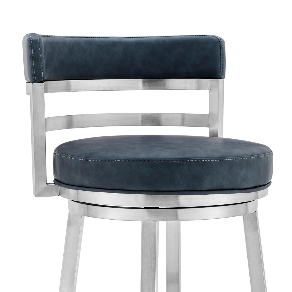 Madrid Contemporary 26" Counter Height Barstool in Brushed Stainless Steel Finish and Blue Faux Leather. Picture 3