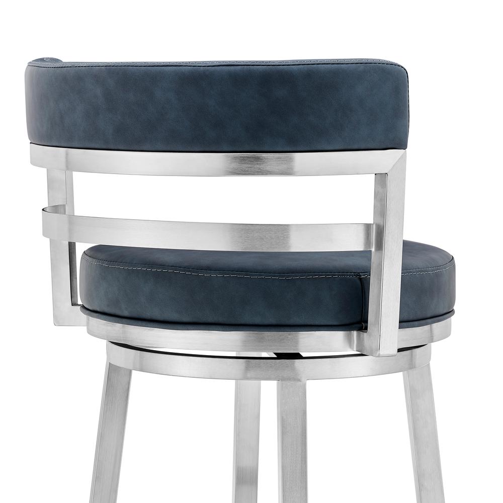 Madrid Contemporary 26" Counter Height Barstool in Brushed Stainless Steel Finish and Blue Faux Leather. Picture 4
