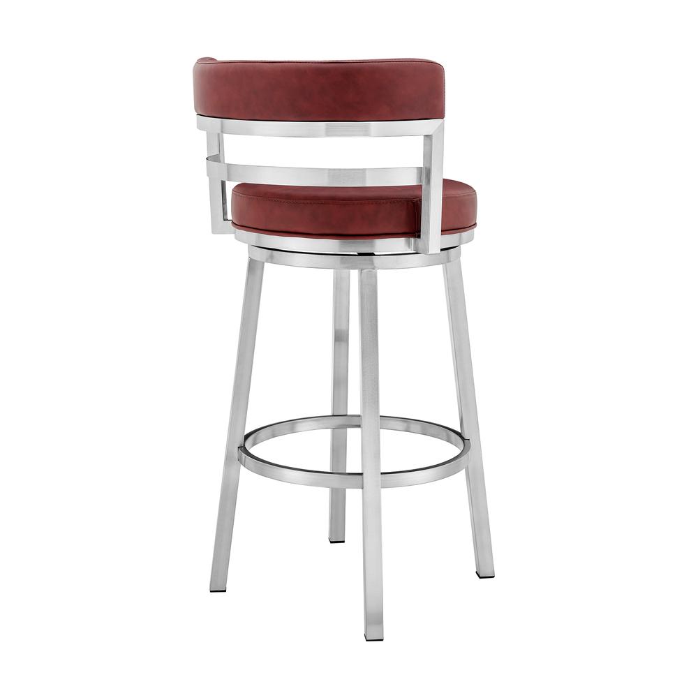 Madrid Contemporary 26" Counter Height Barstool in Brushed Stainless Steel Finish and Red Faux Leather. Picture 2