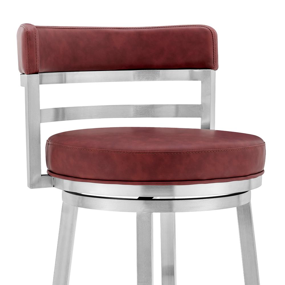 Madrid Contemporary 26" Counter Height Barstool in Brushed Stainless Steel Finish and Red Faux Leather. Picture 3