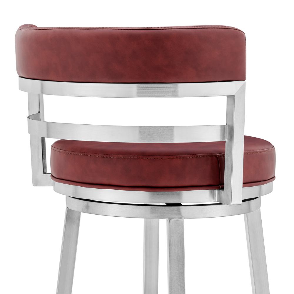 Madrid Contemporary 26" Counter Height Barstool in Brushed Stainless Steel Finish and Red Faux Leather. Picture 4