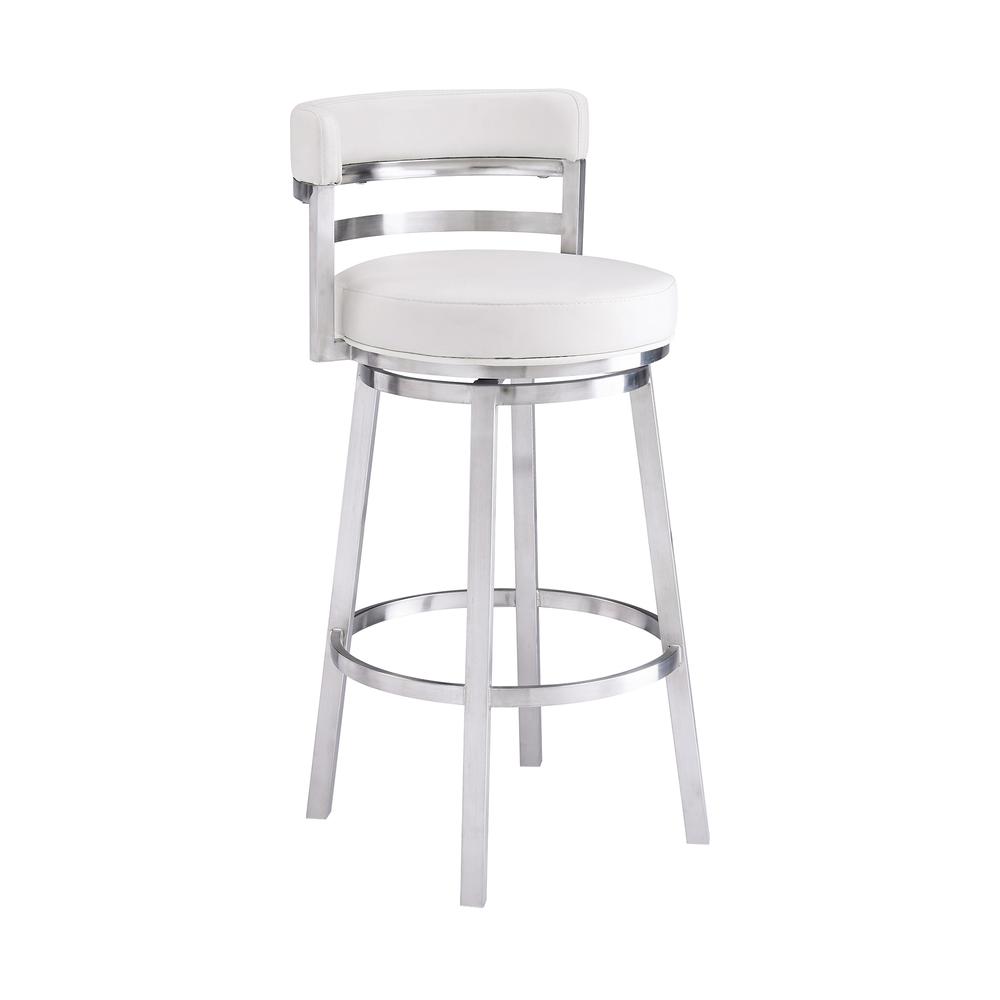 Contemporary 26" Counter Height Barstool in Brushed Stainless Steel Finish and White Faux Leather. Picture 1